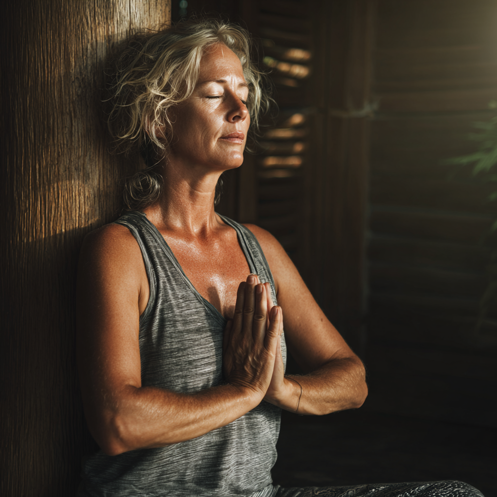 Middle-aged woman practicing gentle yoga in serene environment