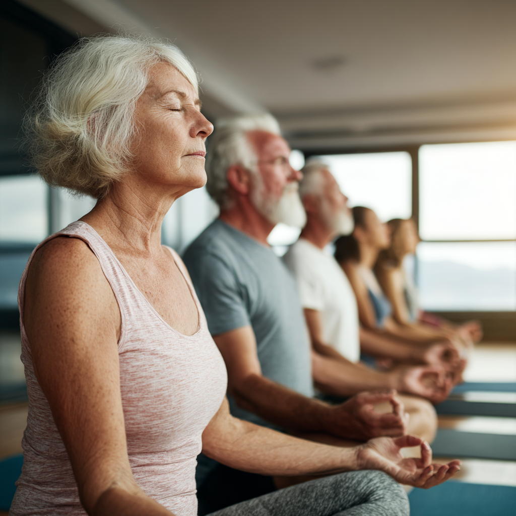 Older adults in calm yoga session with natural light